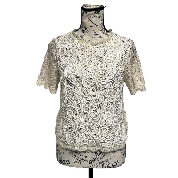Amanda Y2k Retro Sheer Lace Crochet Cottegecore Blouse Back Zip Party Blouse M - Picture 1 of 8